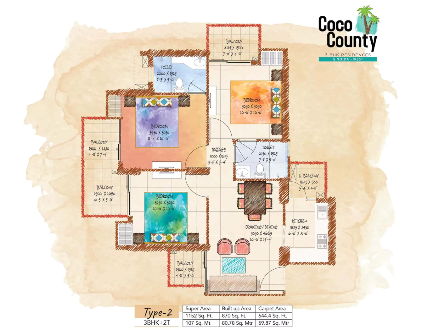 Coco County 3 BHK Floor Plan