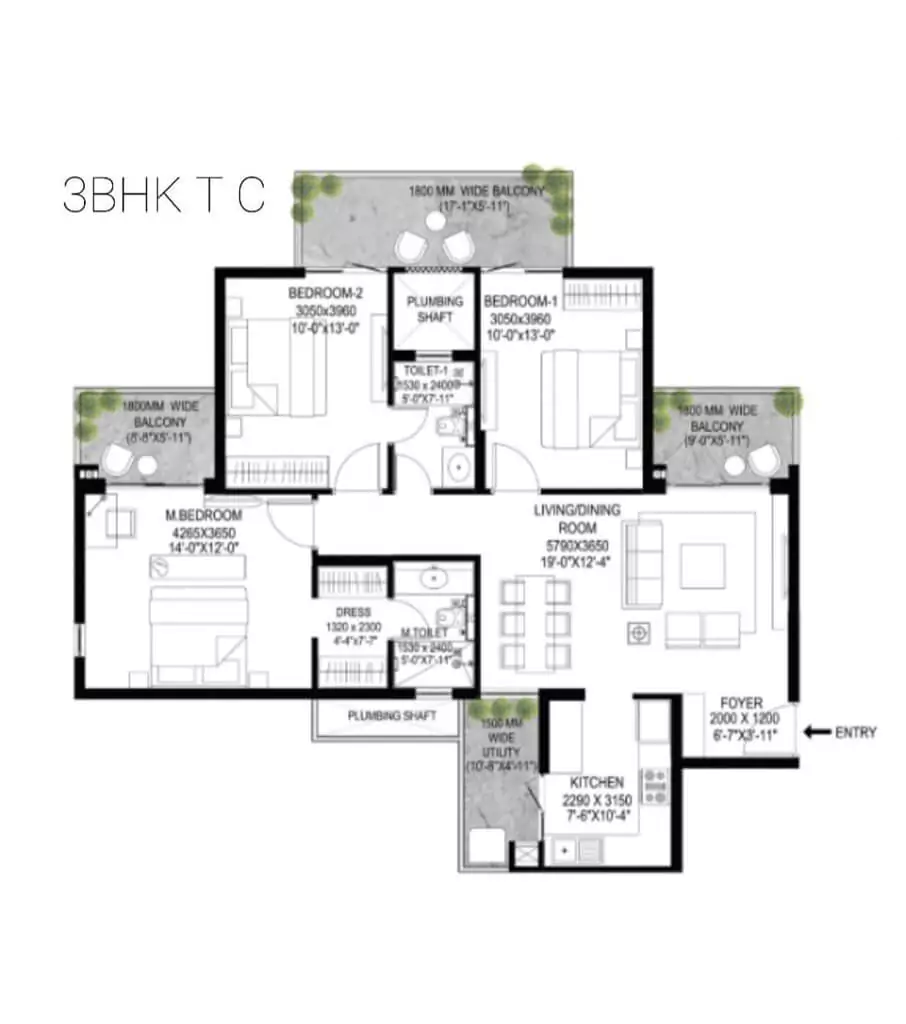 Godrej Serenity 3 BHK Floor Plan