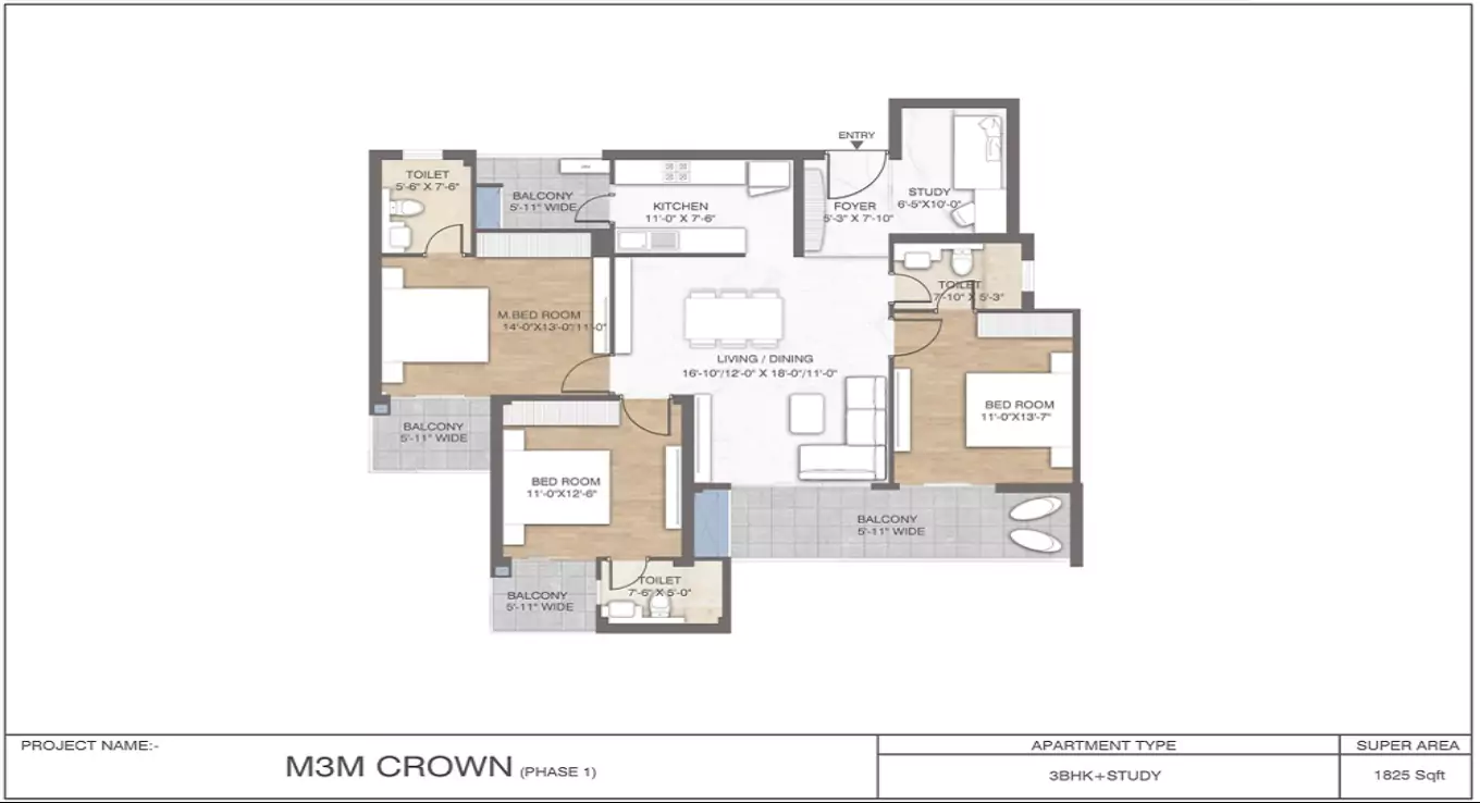 M3M Crown 3 BHK Floor Plan
