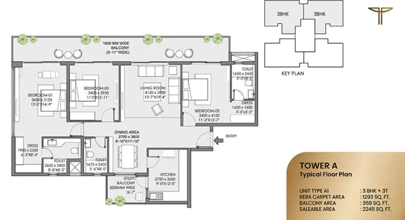 Eldeco Trinity 3 BHK Floor plan