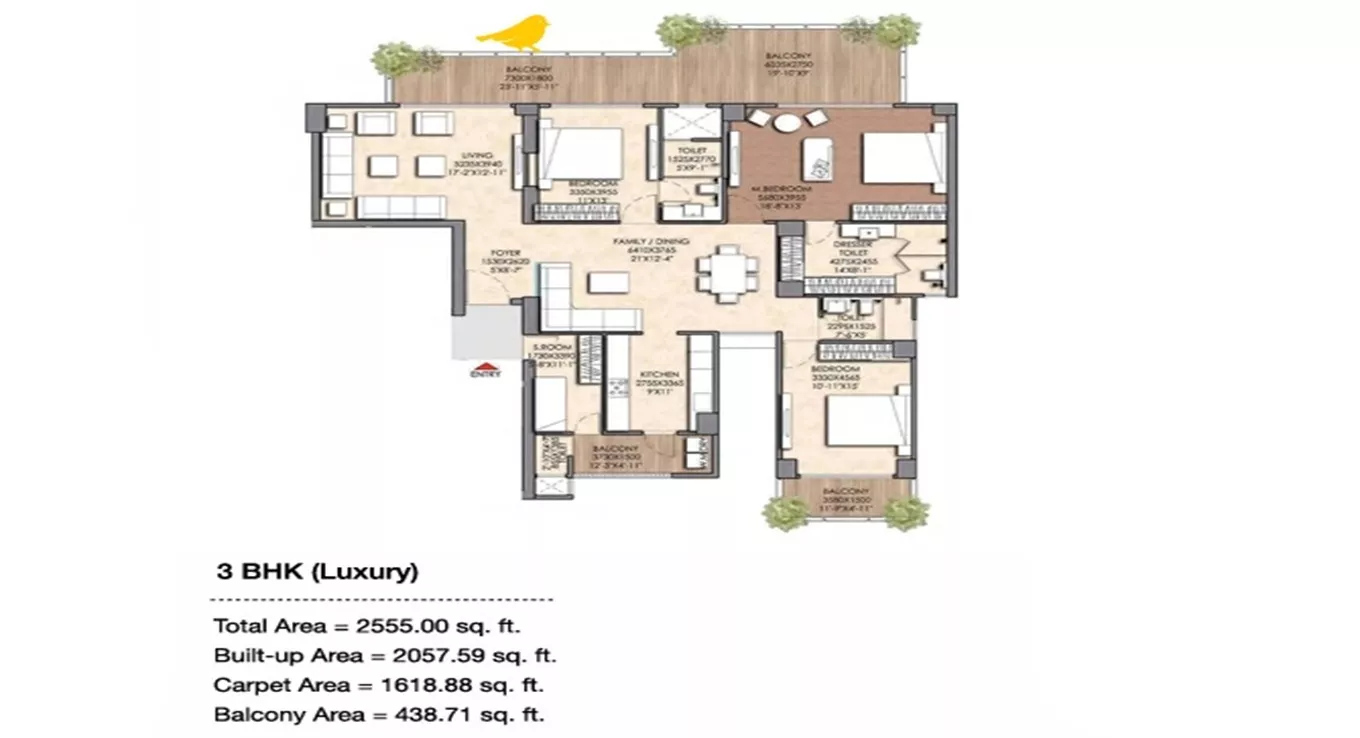 Prateek Canary Floor Plan 3 BHK Luxury (Type 1)