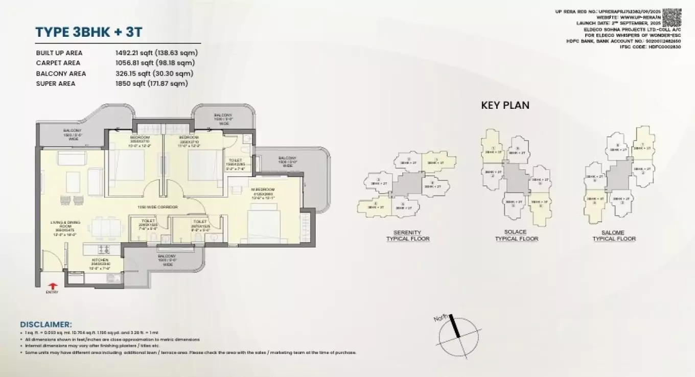 Eldeco Whispers of Wonder 3 BHK (Type 1) Floor Plan