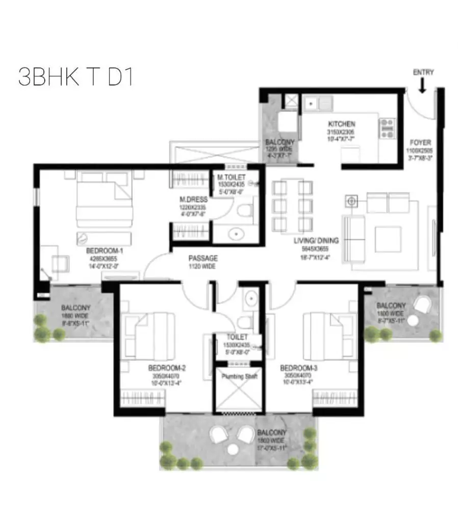 Godrej Serenity 3 BHK Floor Plan