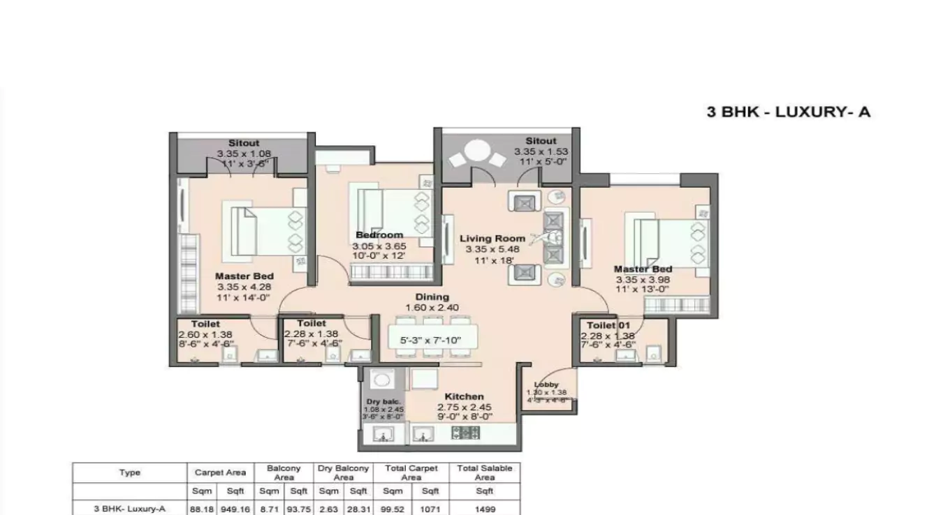 VTP Dolce Vita 3 BHK Floor Plan