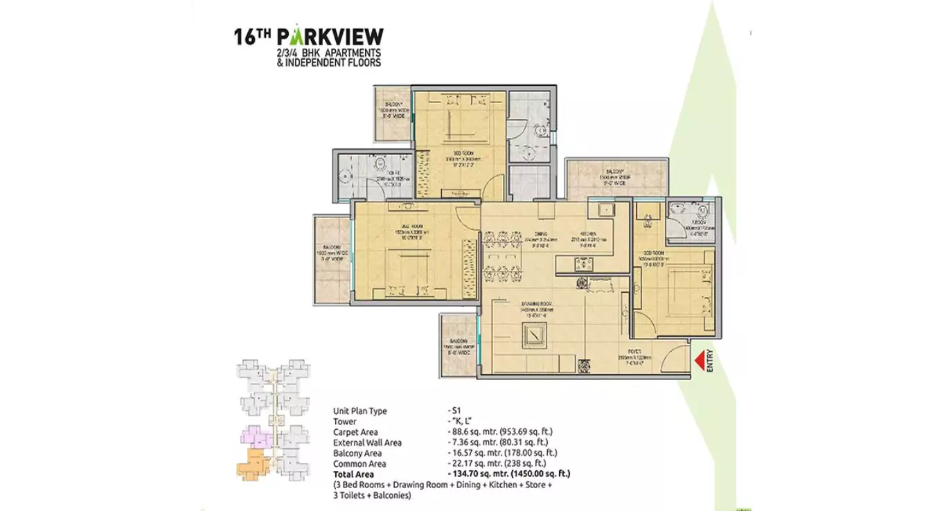 16th Parkview 3 BHK Floor Plan