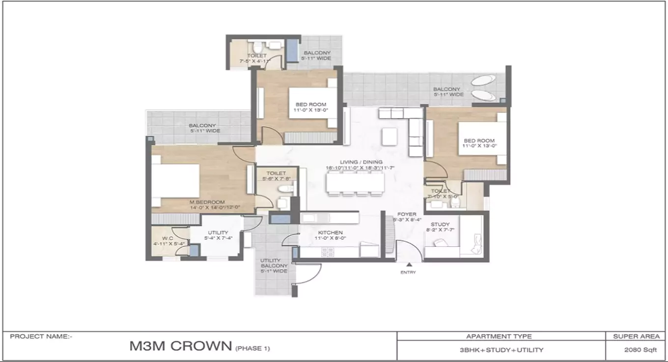 M3M Crown 3 BHK Floor Plan