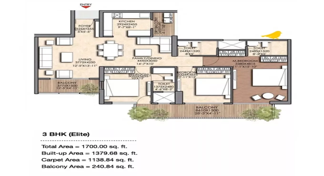 Prateek Canary Floor Plan 3 BHK Elite