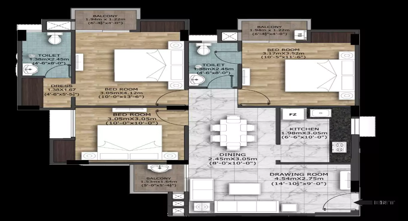 Rudra Adharshila 3 BHK Floor Plan