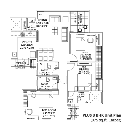 ITrend Life Wakad 3 BHK Floor Plan
