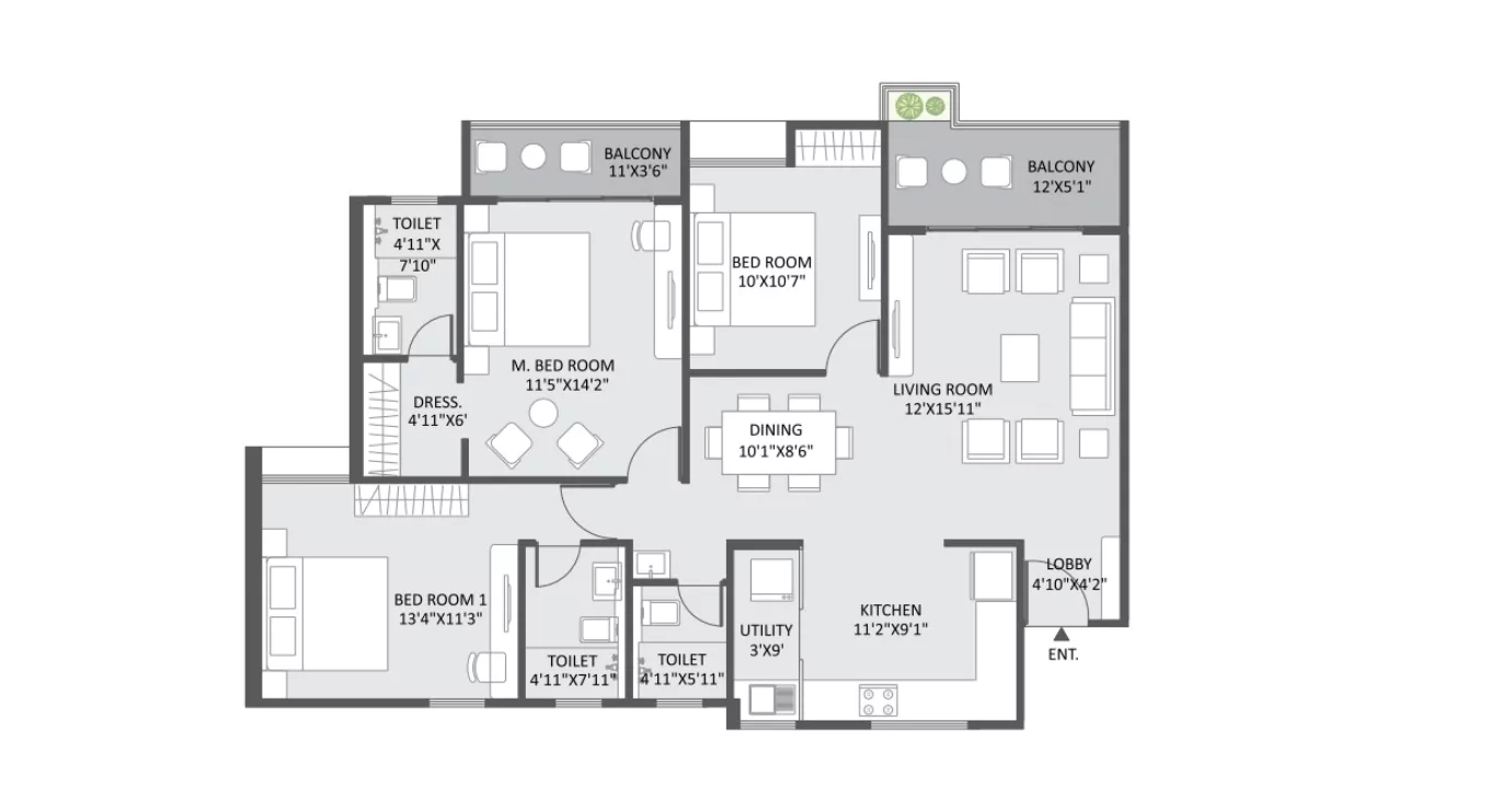 Austin Yana 3 BHK Type 2 Floor Plan