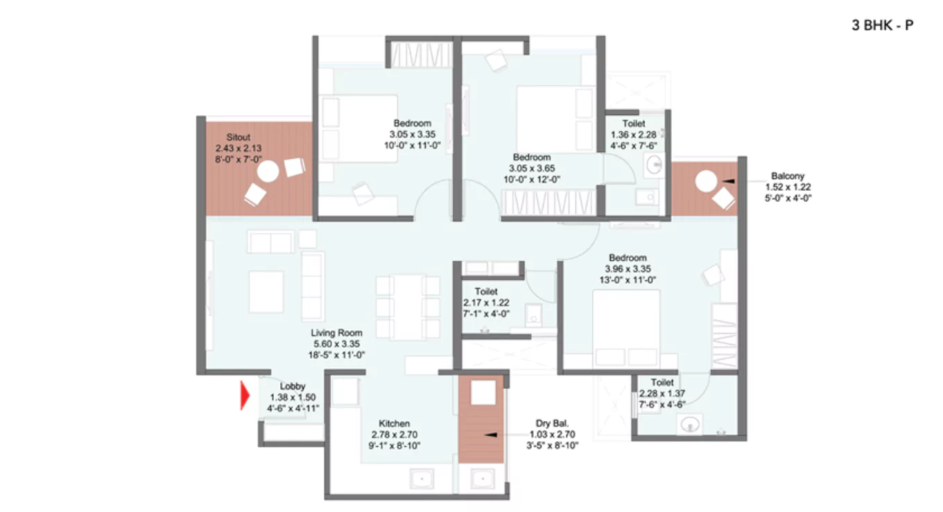 Kohinoor Uptown Avenue 3 BHK Floor Plan