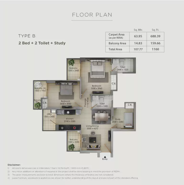 Gulshan Botnia 2 BHK Floor Plan