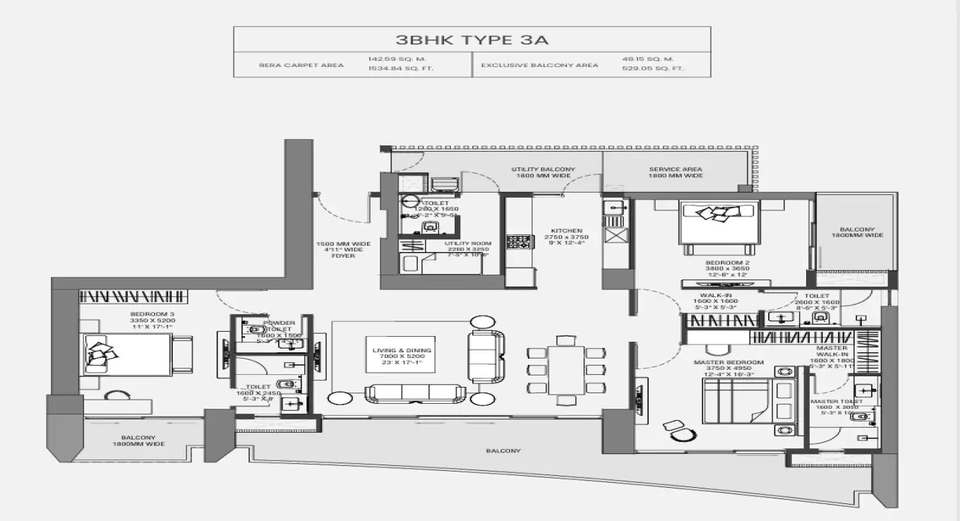 Experion The Trillion 3 BHK (Type 3 A) Floor Plan
