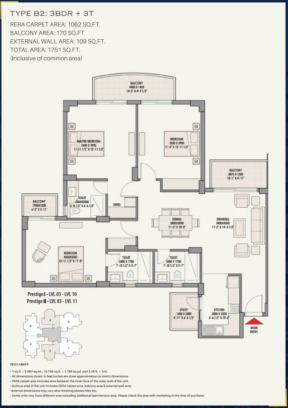 Eldeco Acclaim 3 BHK Floor Plan