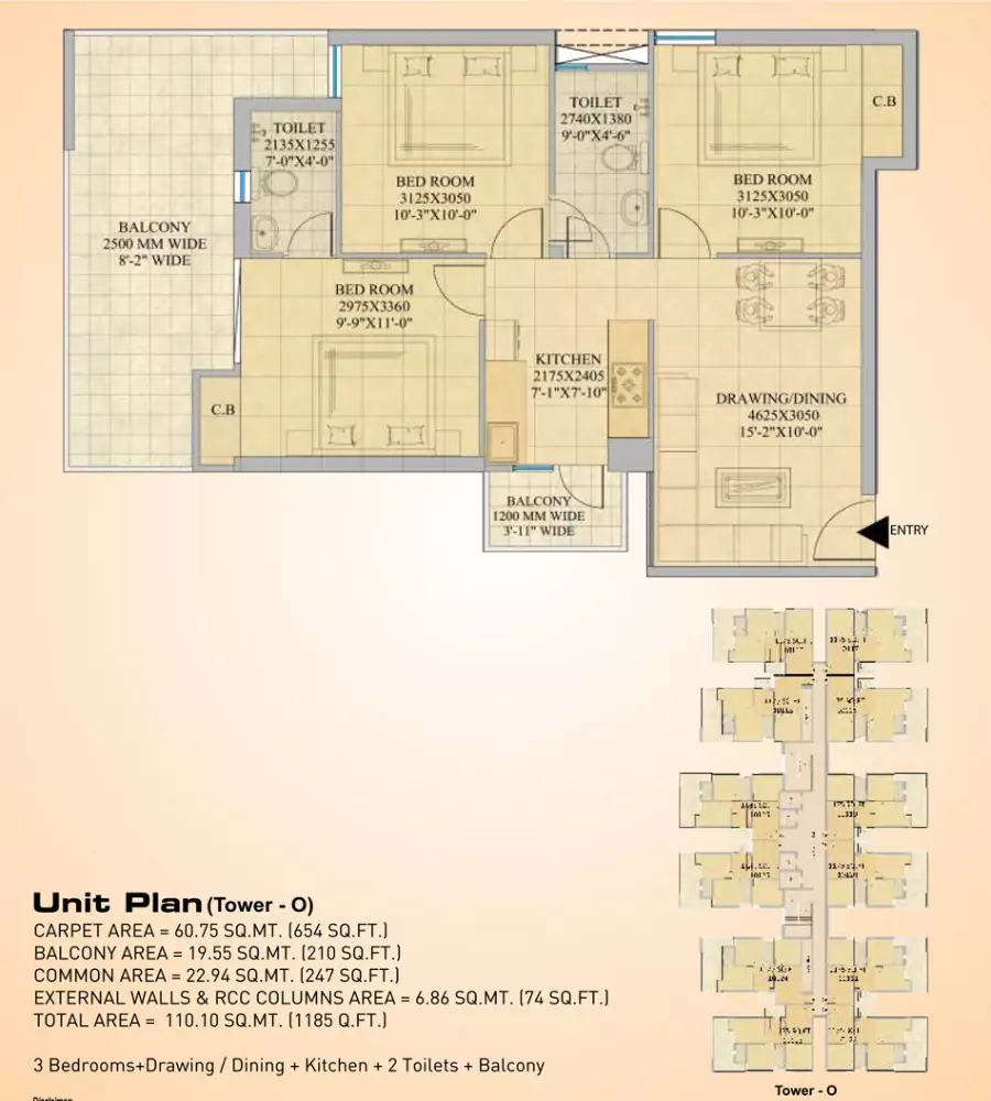 Gaur City 14th Avenue 3 BHK Floor Plan