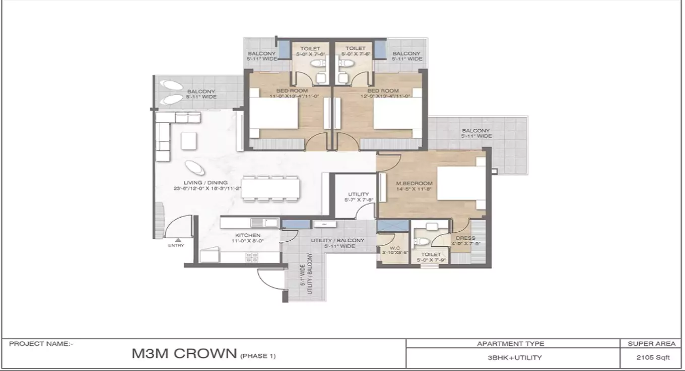 M3M Crown 3 BHK Floor Plan