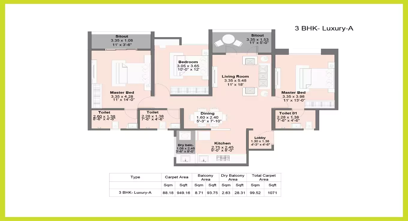 Kohinoor Famville 3 BHK Floor Plan