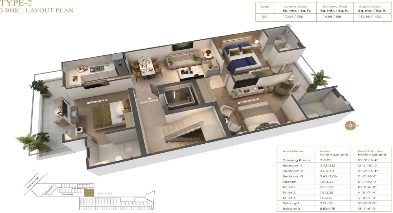 Suncity Vatsal Valley 3 BHK Floor Plan