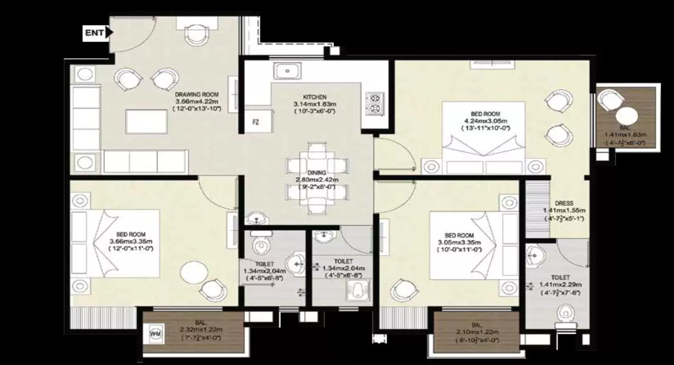 Rudra Shobhagyam 3 BHK Floor Plan
