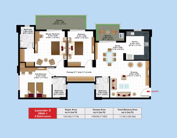Ashiana Anmol 3 BHK Floor Plan