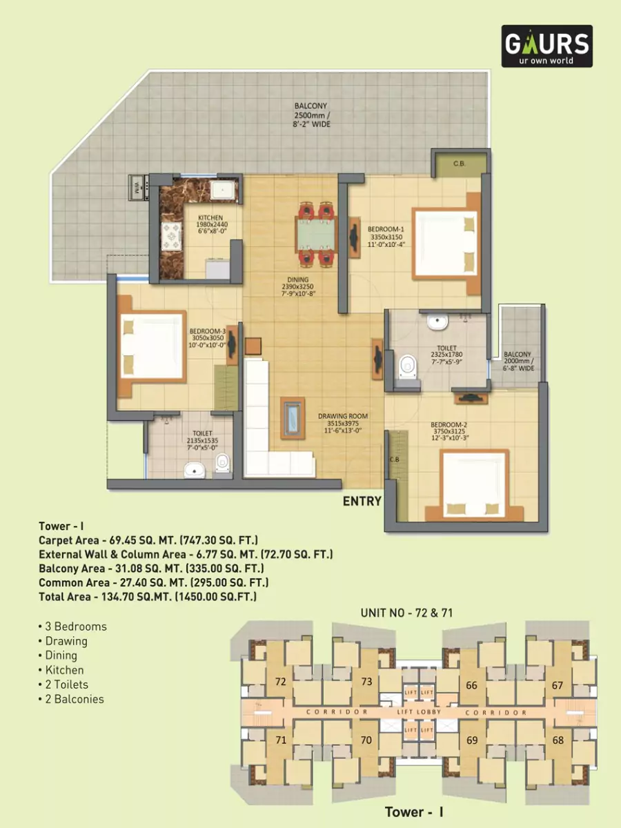 Gaur City 7th Avenue 3 BHK Floor Plan