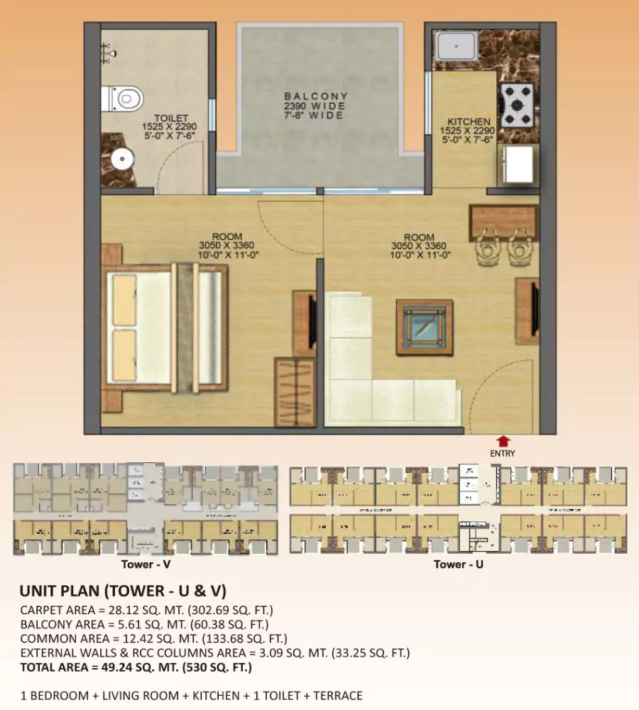 Gaur City 14th Avenue 1 BHK Floor Plan