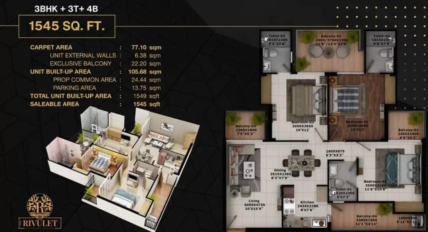 Fusion the Rivulet 3 BHK Floor Plan
