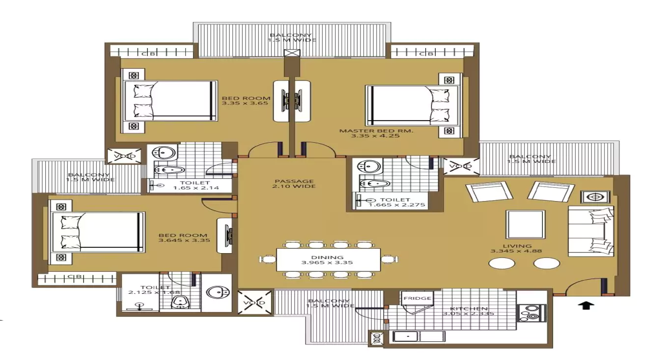 Purvanchal Sunbliss 3 BHK (Type 1) Floor Plan