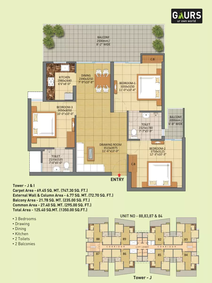 Gaur City 7th Avenue 3 BHK Floor Plan