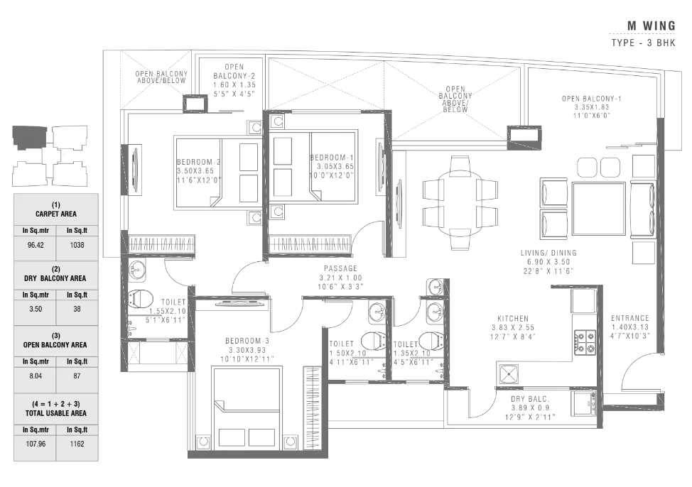 Pharande Spaces Puneville 3 BHK Floor Plan