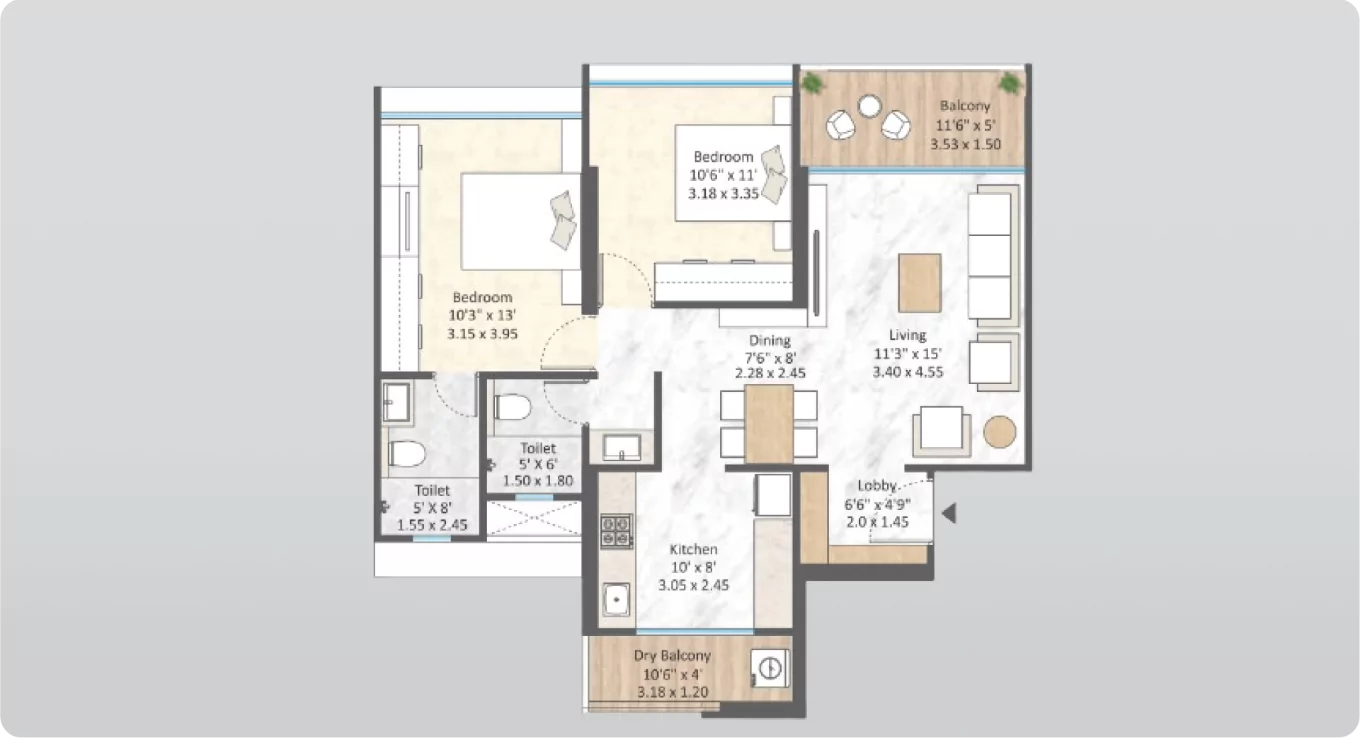 Mantra Magnus 2 BHK Floor Plan