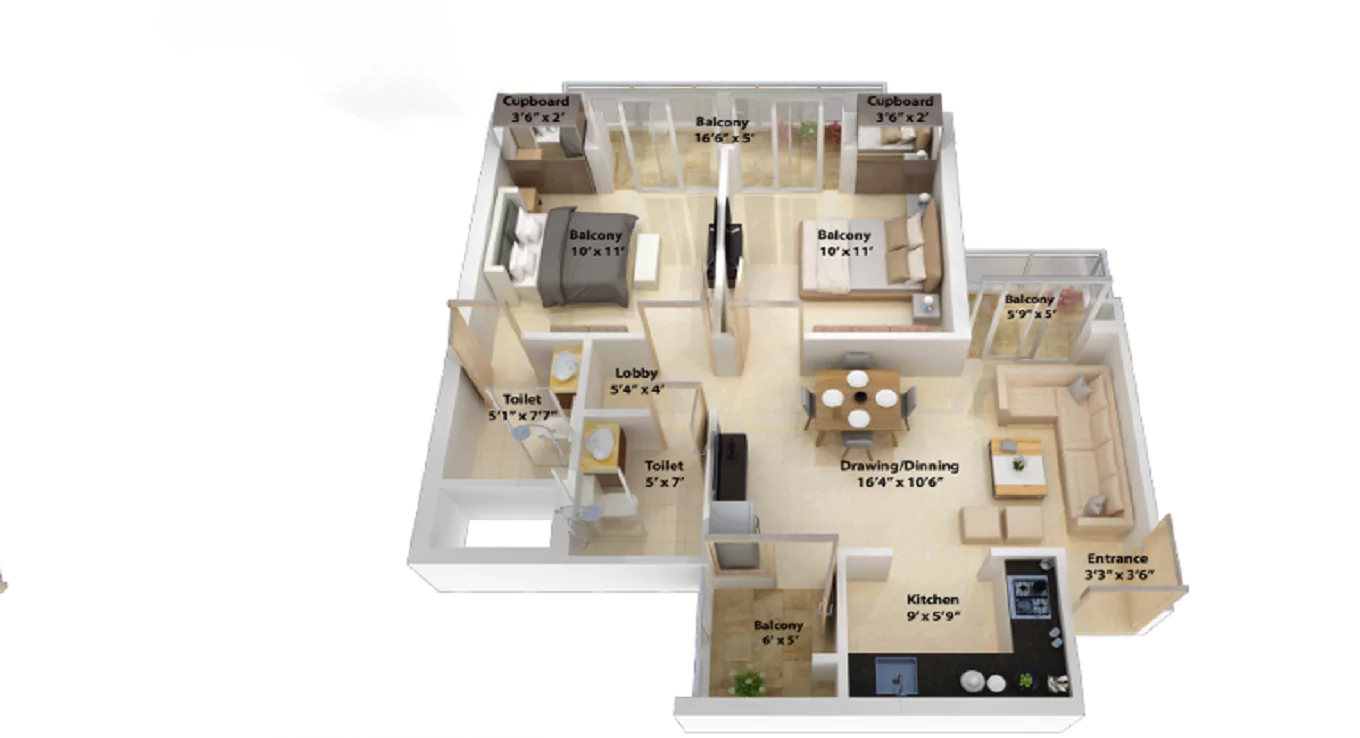 NCR Monarch 2 BHK Floor Plan