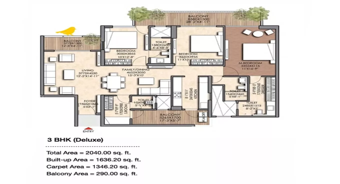 Prateek Canary Floor Plan 3 BHK Deluxe