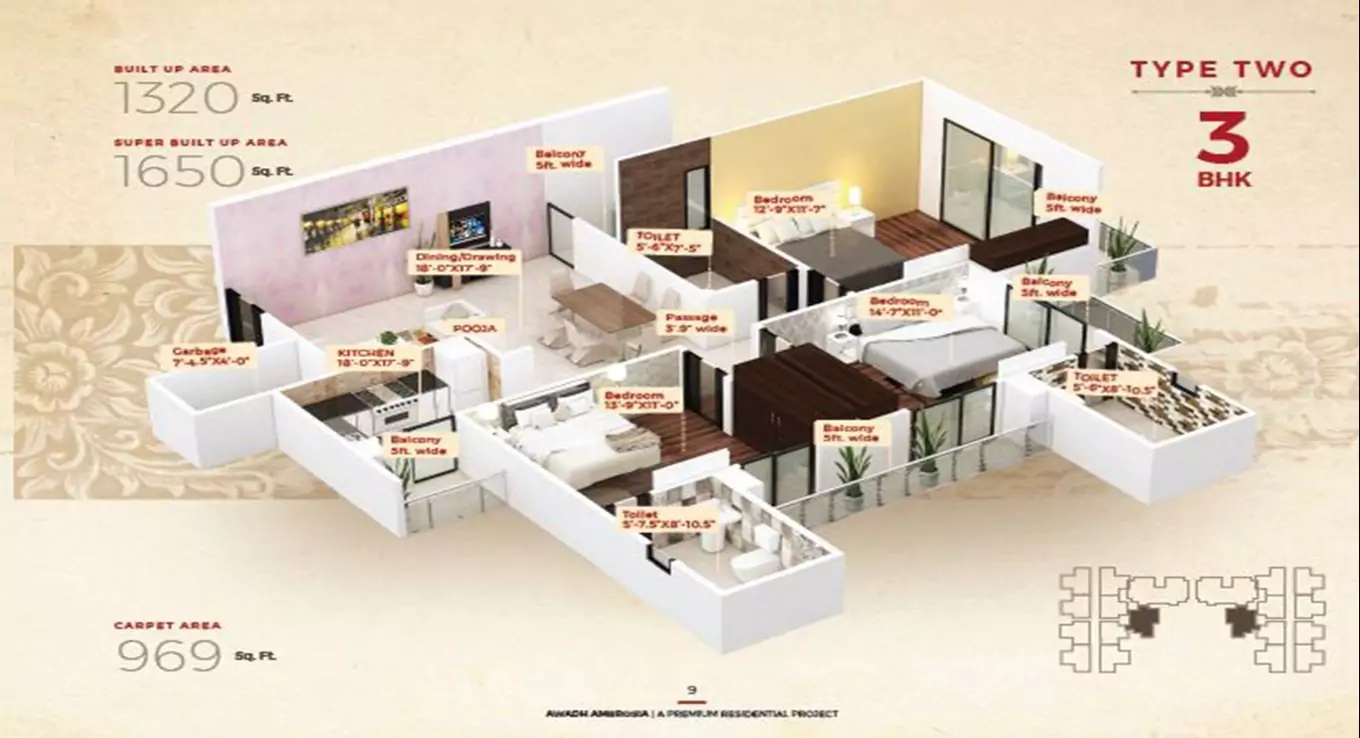 Awadh Ambrosia 3 BHK Floor Plan