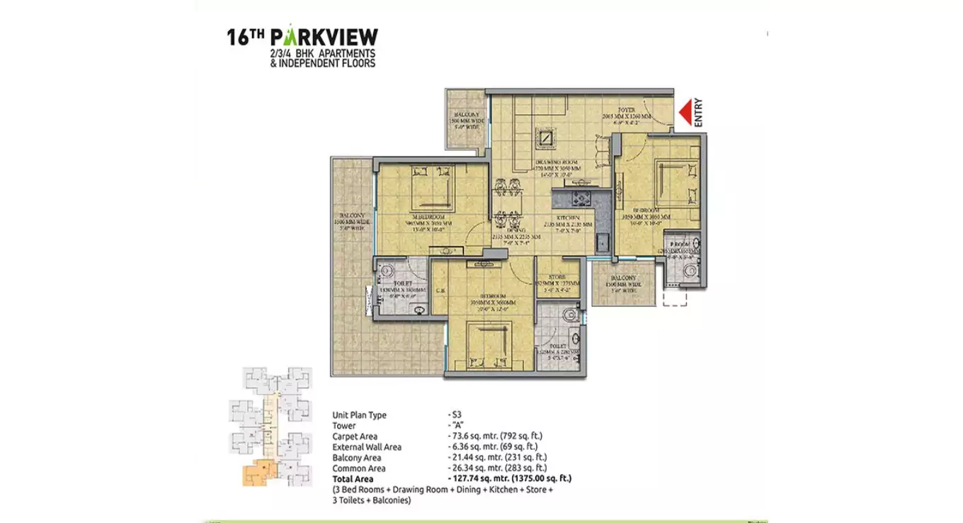 16th Parkview 3 BHK Floor Plan