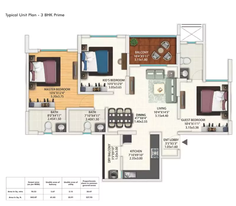GERA World of Joy 3 BHK Floor Plan