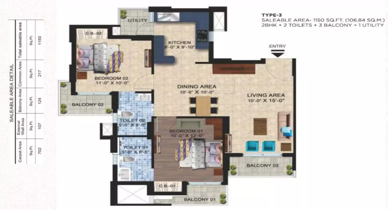 Sikka Kaamna Greens 2 BHK Floor Plan