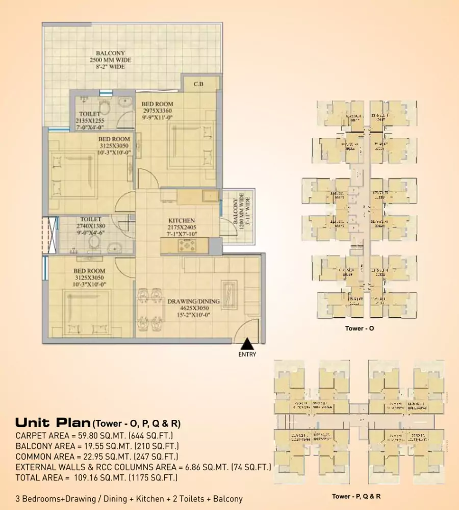 Gaur City 14th Avenue 3 BHK Floor Plan