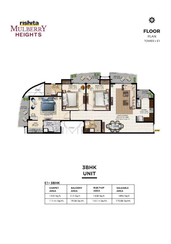 Rishita Mulberry Heights 3 BHK Floor Plan