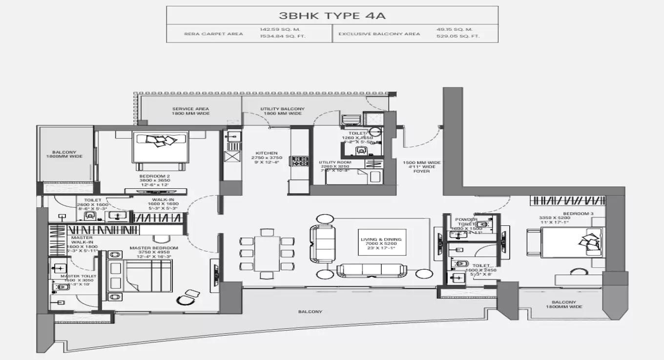 Experion The Trillion 3 BHK (Type 4 A) Floor Plan