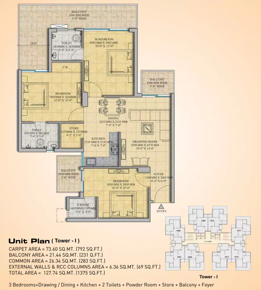 Gaur City 14th Avenue 3 BHK Floor Plan