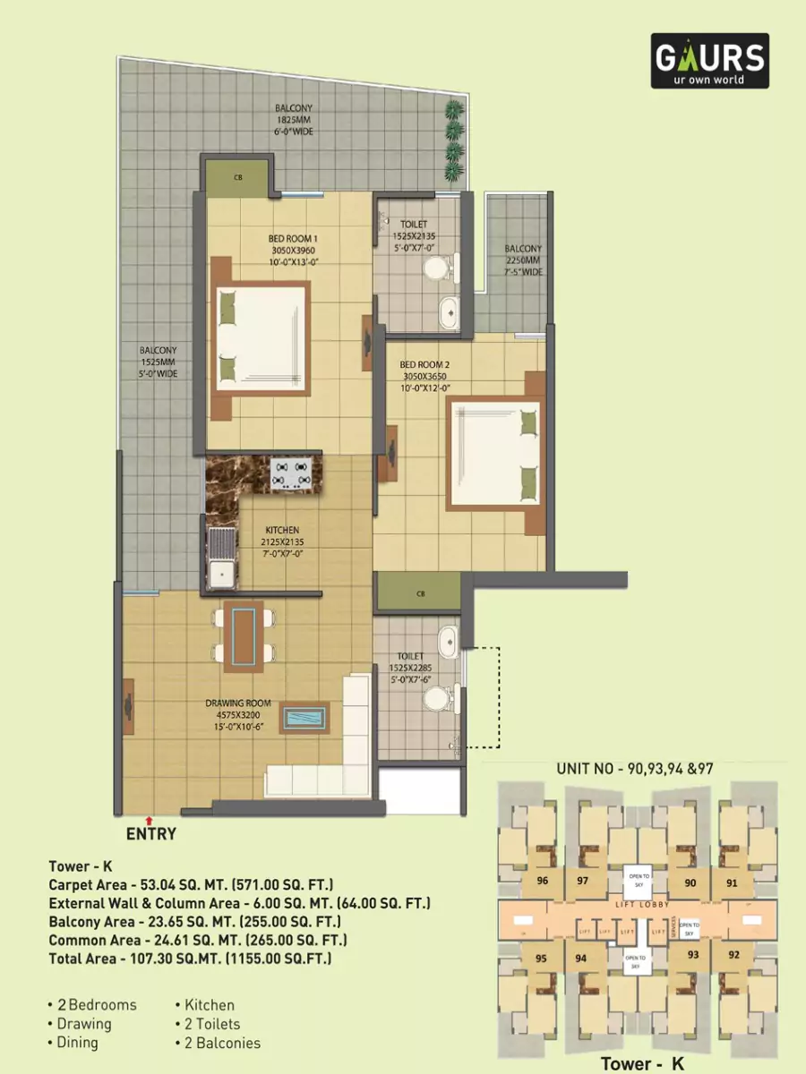 Gaur City 7th Avenue 2 BHK Floor Plan