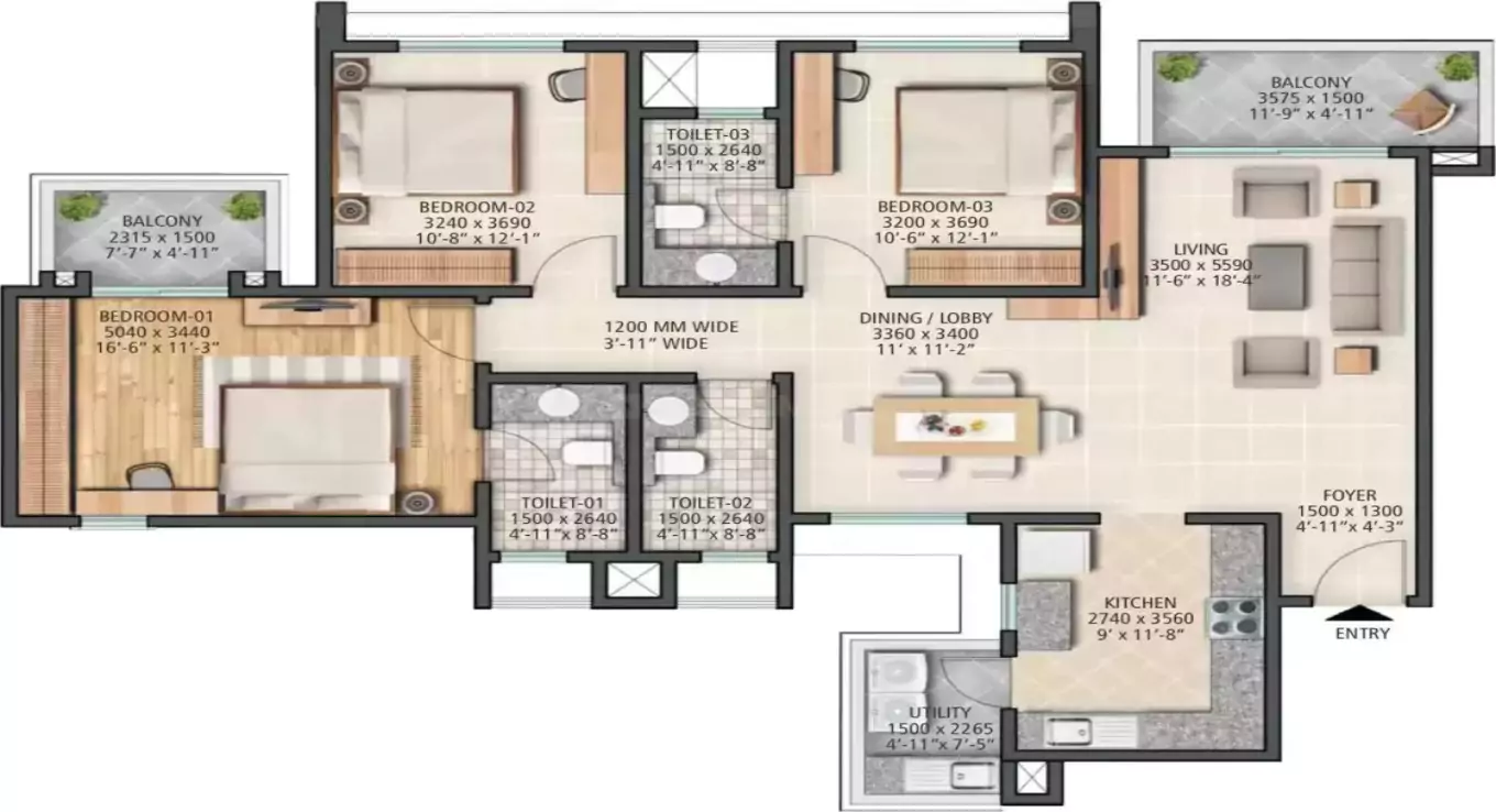 Sobha City 3 BHK Floor Plan