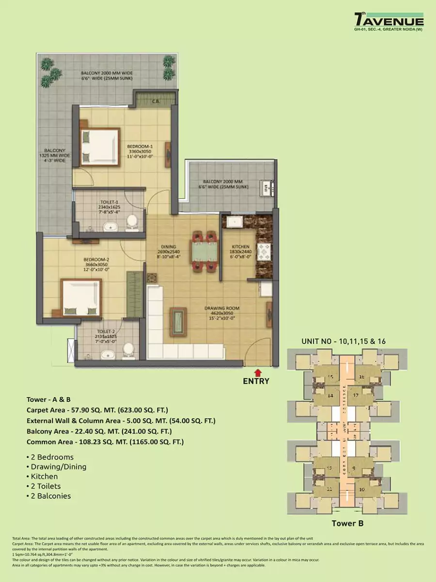 Gaur City 7th Avenue 2 BHK Floor Plan