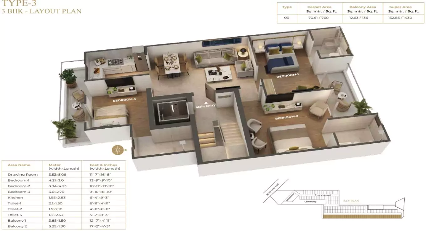 Suncity Vatsal Valley 3 BHK Floor Plan