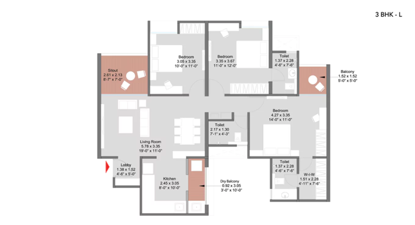 Kohinoor Uptown Avenue 3 BHK Floor Plan